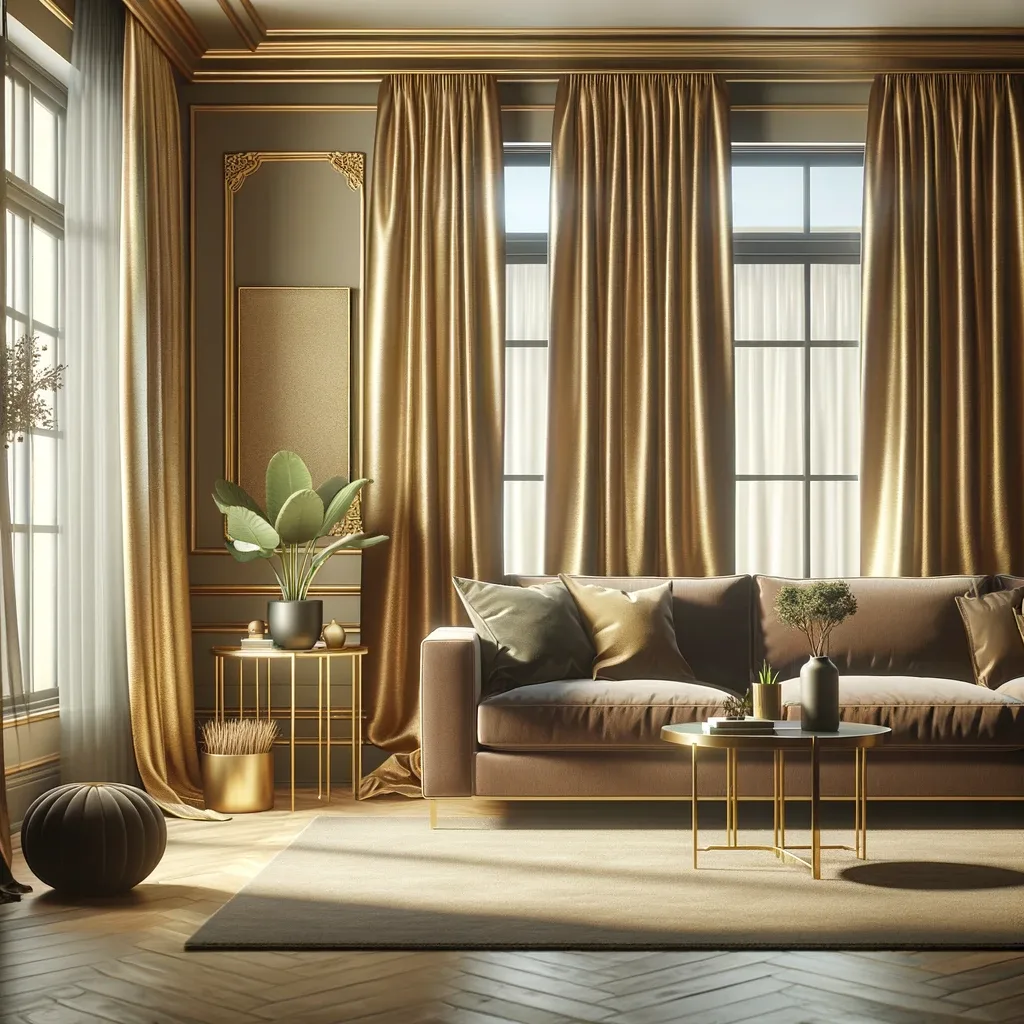 brown couch and gold curtains