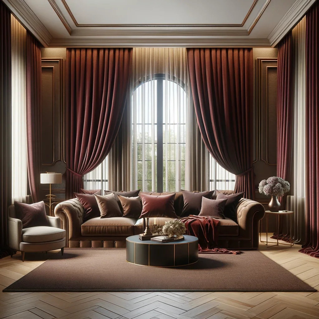 brown couch and maroon curtains