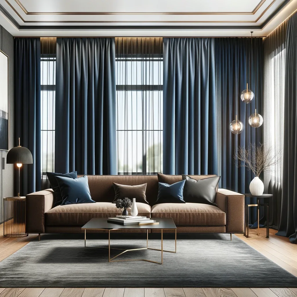 brown couch and navy blue curtains