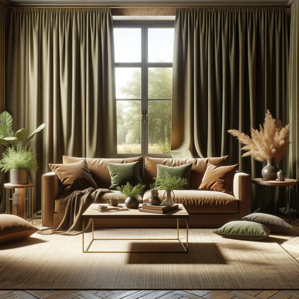 brown couch and olive green curtains