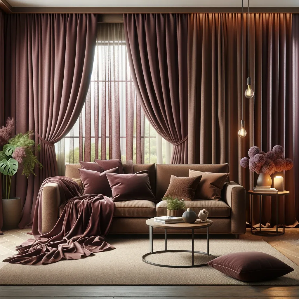 brown couch and plum curtains