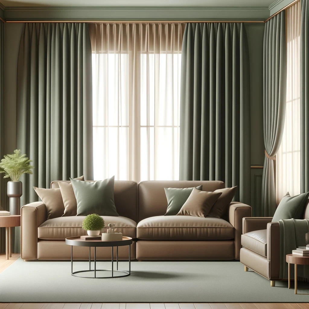 brown couch and sage green curtains