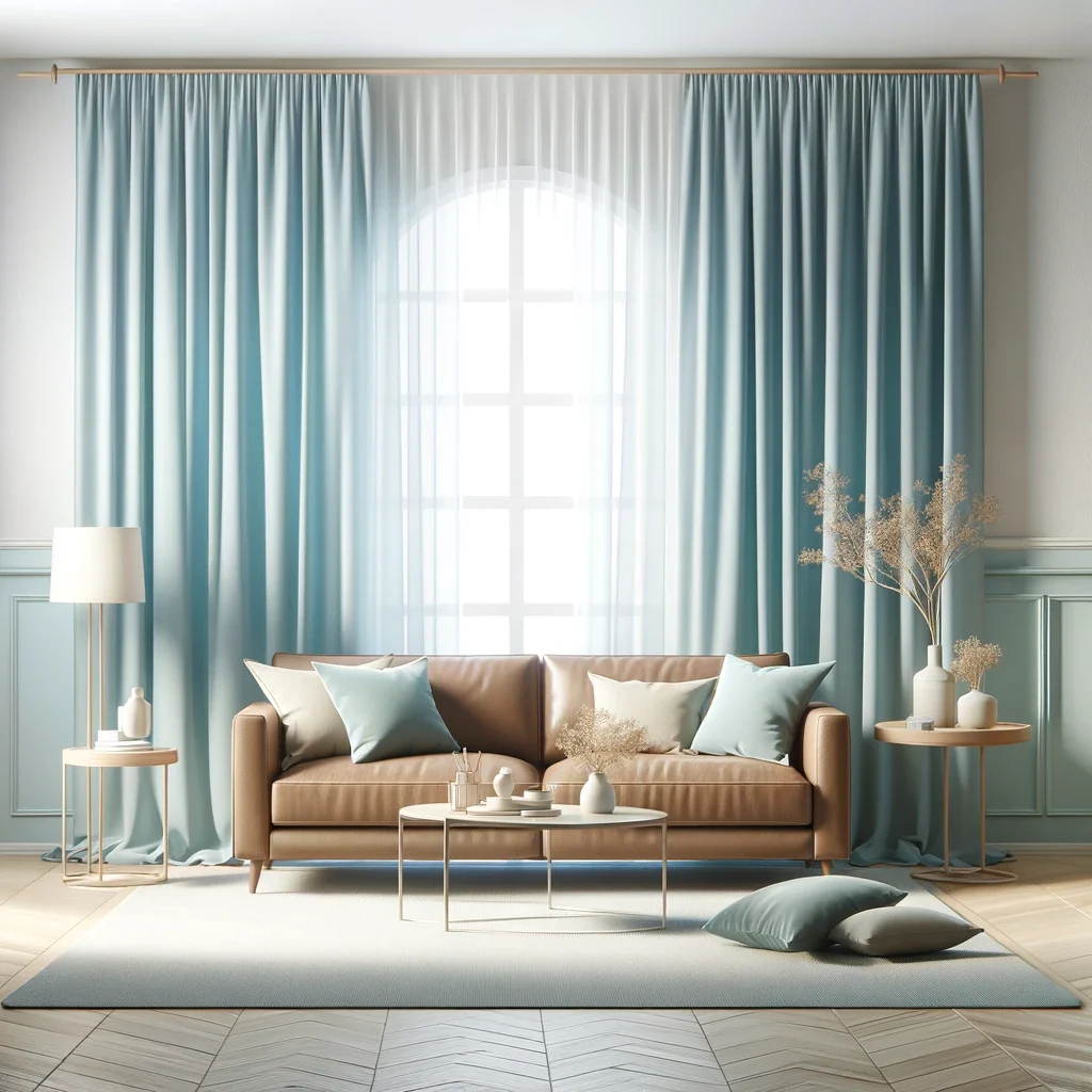 brown couch and sky blue curtains