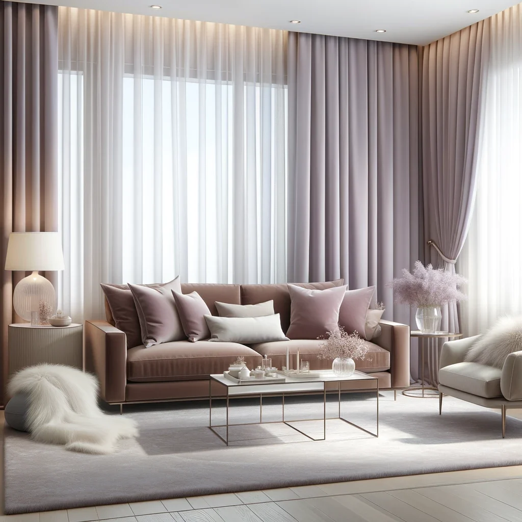brown couch and soft lavender curtains