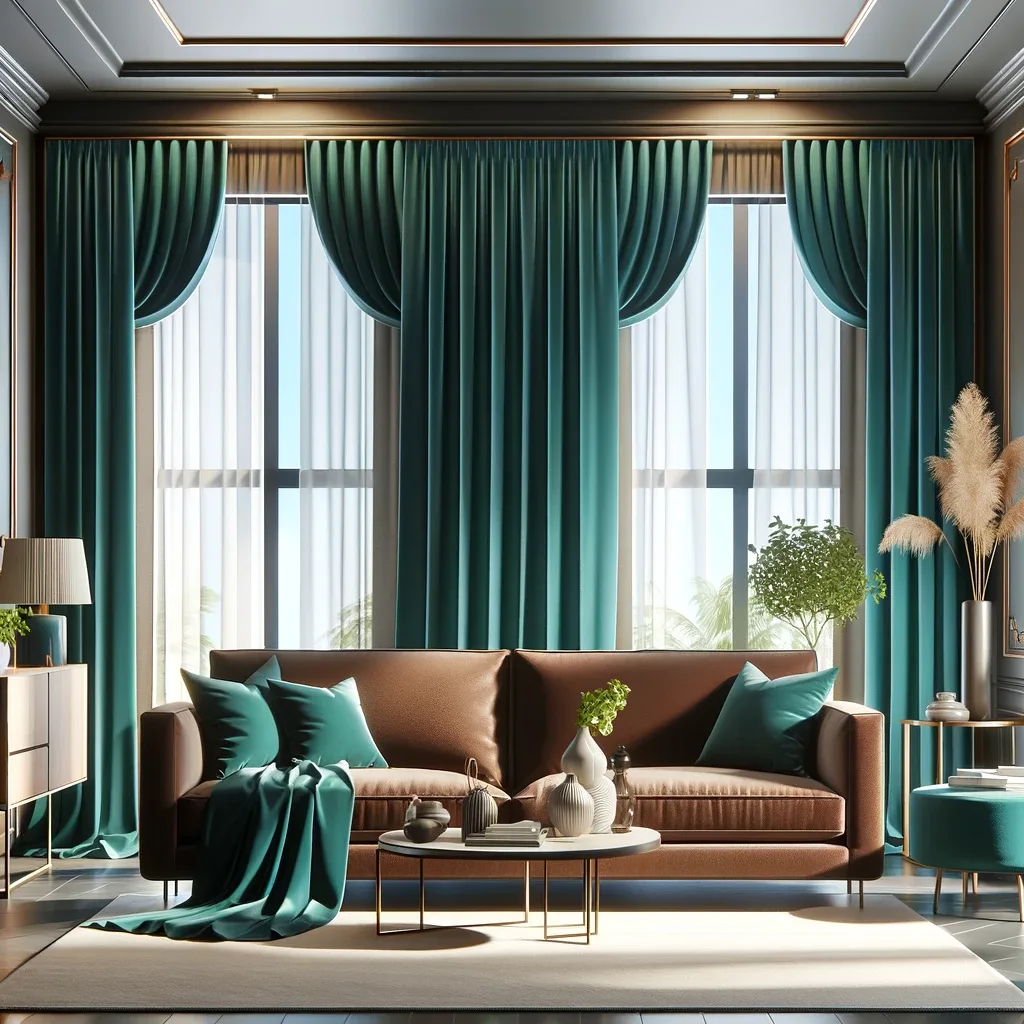 brown couch and teal curtains