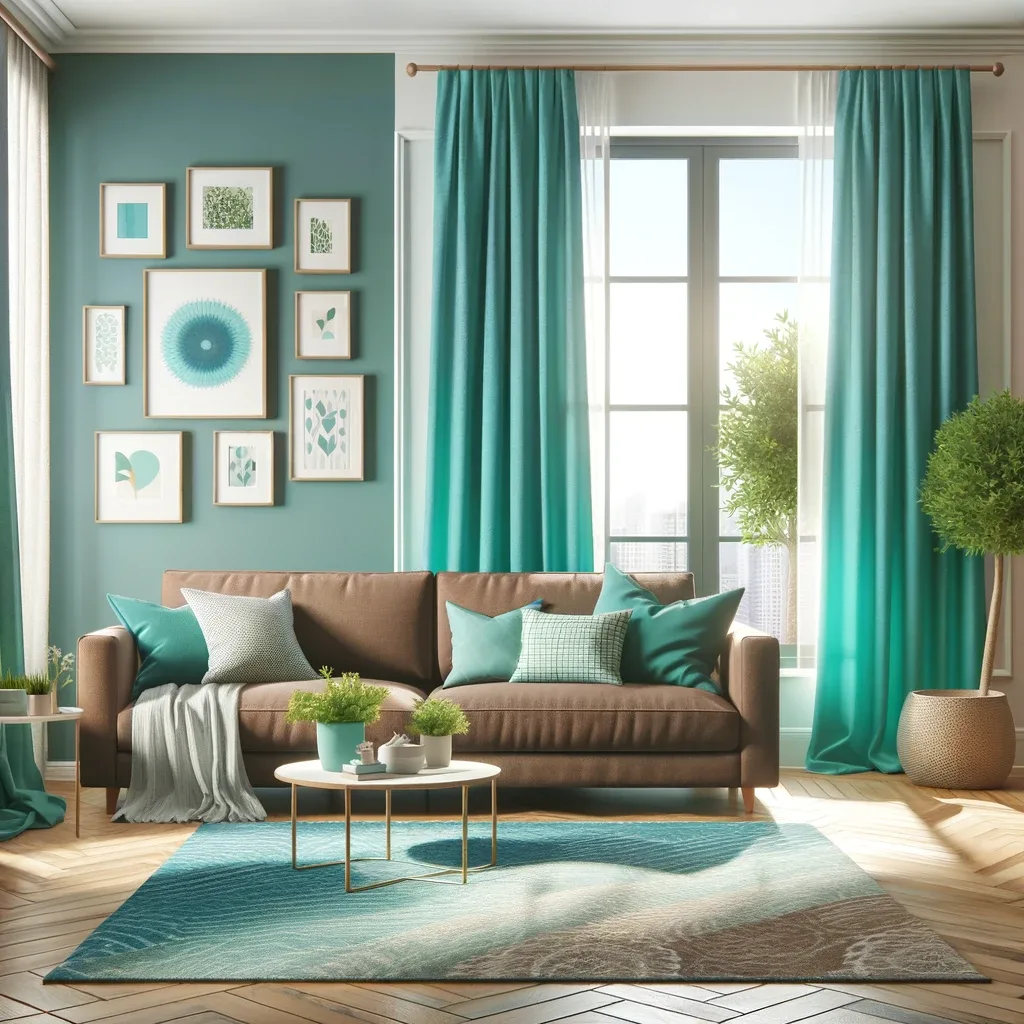 brown couch and turquoise curtains
