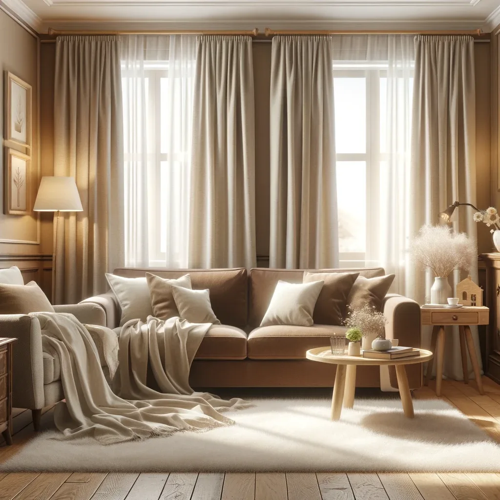 brown couch and warm white curtains