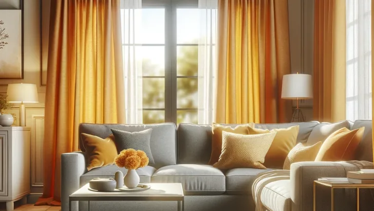 warm mustard curtains with gray couch